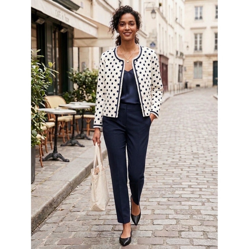 J.Crew Lady Jacket Polka Dot Tweed Navy White Blazer Size 10